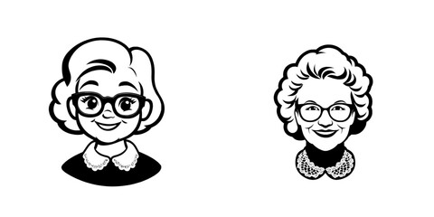 A vintage woodcut engraving style illustration represents a grandma through its logo symbol