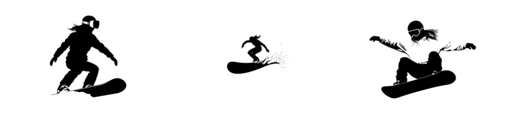 Monochrome illustration showing a man on a snowboard