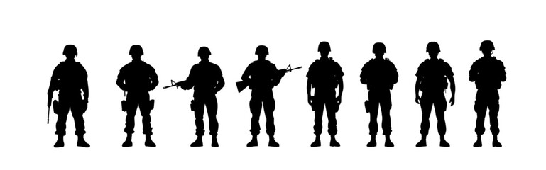 Soldiers' black silhouettes stand alone against a white backdrop in a contemporary art style