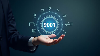 Fototapeta premium Engaging with Holographic ISO 9001 Certification: Quality Management Icons