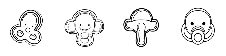 Modern pacifier icon illustrated in doodle style, symbolized through simple design, and represented as a hand-drawn cartoon object isolated on a white background
