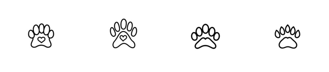 Modern, isolated single paw prints of a dog, cat, and bear, with a heart symbol, in colorless black and white, featuring an easy drawing contour line © Andrei