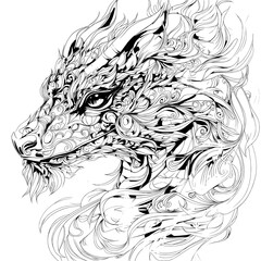 A page from an adult coloring book, showcasing a stunning dragon against a white background