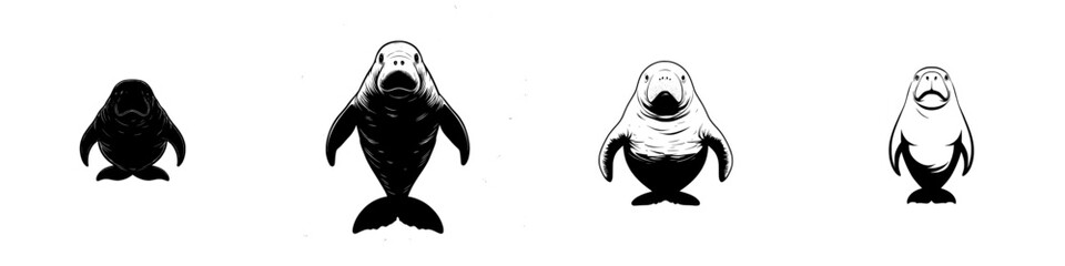 Manatee. Beautiful black engraving icon, logo. Woodcut illustration, modern