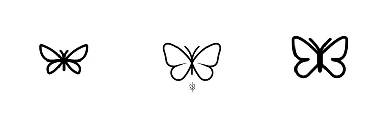 Modern single contemporary line butterfly in a side view, drawn in a colorless black and white contour style