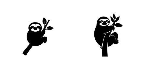 1. A charming sloth perched on a tree branch. Featuring a vintage modern engraved illustration, this is a contour drawing, line art, and woodcut. Ideal as an icon, logo, or emblem
