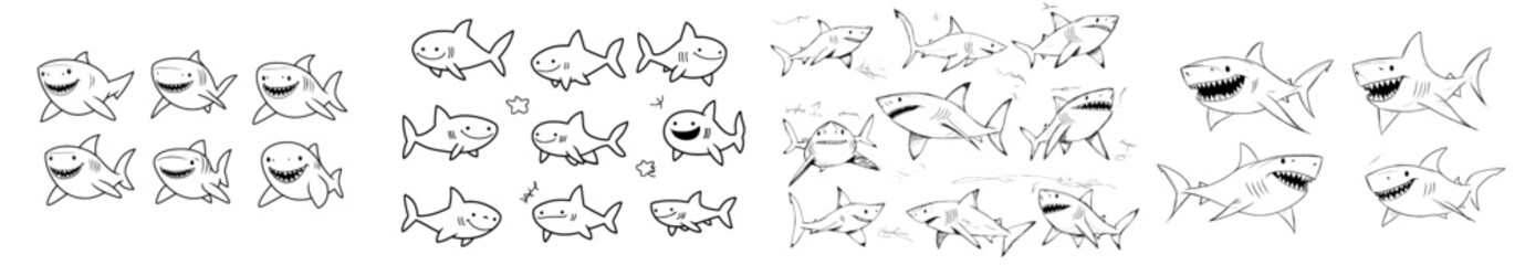 A set of modern images featuring outline illustrations of sharks, including a great white shark and a hammerhead shark