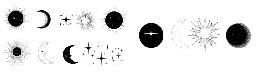 Fototapeta premium A boho line yoga logotype is incorporated into a sun logo, which also includes elements of the moon and sunset rays, reflecting a bohemian art style with a modern twist