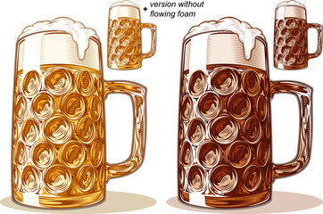 Dimpled glass beer mug, massive big Bavarian Masskrug for beer fest, in styles of color graphic, retro vintage engraving, woodcut, line art. Vector illustration is hand-drawn by human, without tracing