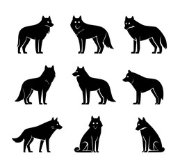 Transparent illustration of four modern, isolated black Coyote silhouettes against a white background