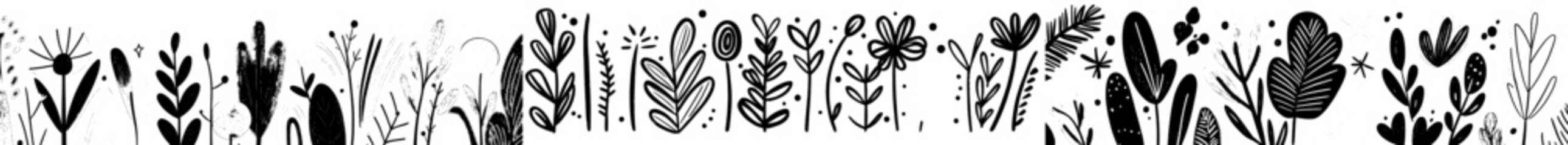 A hand-drawn set of cute monochrome comic elements features a burning burst of light rays and a sunshine doodle with a rainbow