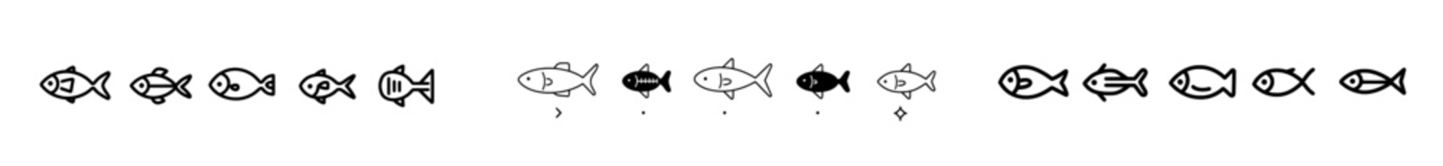 A collection of graphic fish illustrated in black and white contour, including various sea animals, as a hand-drawn line sketch for children's coloring books in a doodle style