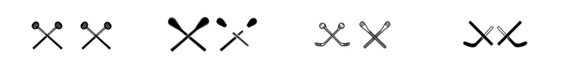 Hockey sticks crossed with puck icons in outline and silhouette styles. Ideal for sports, game, and recreation themes. Contemporary illustration