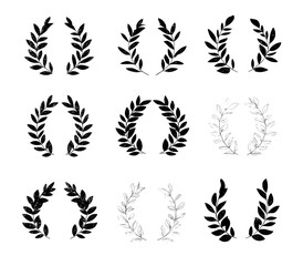 Victory icons, modern laurel wreath silhouettes, various designs, award symbols, ancient Roman and Greek motifs, decorative borders, elegant patterns, achievement badges, and heraldic elements are