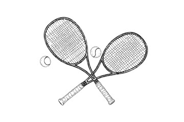 This hand-drawn artwork depicts two tennis rackets crossed over a tennis ball in intricate black and white detail, suitable for tennis and sports-themed creations