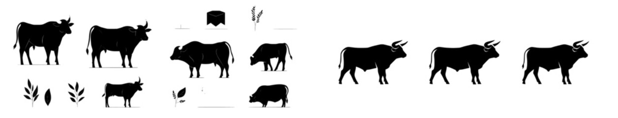 An illustrated collection of farm bulls and black silhouettes, isolated on a white backdrop. It embodies the idea of farm animals, domestic livestock, and a bull illustration within the framework of