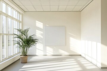 Fototapeta premium Bright and Minimalist Modern Interior with Large Windows and Potted Plant in Contemporary Space