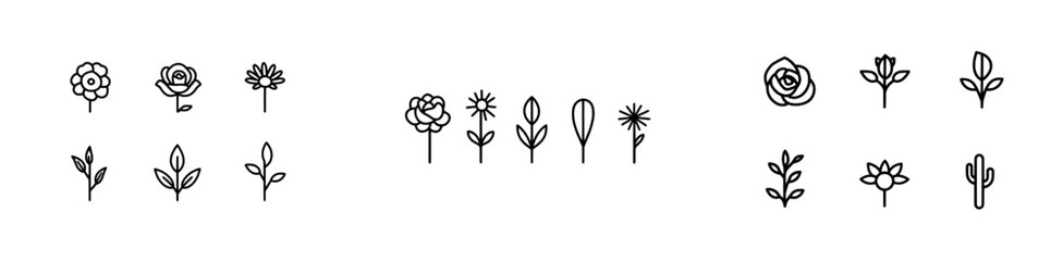 Rose, sunflower, and tulip flowers in modern outline form on a white background, clipart, cutout