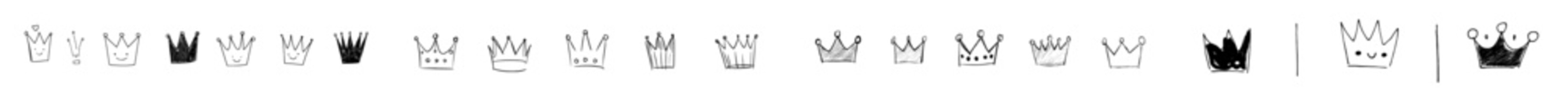 A majestic crown logo is depicted in a sketch of a prince and princess, alongside a hand-drawn queen sign or king crowns in a graffiti illustration set