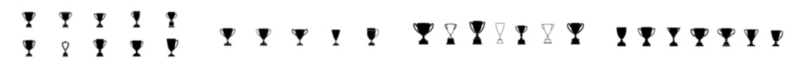 A collection of black trophy silhouettes featuring diverse designs is presented, including modern award cups and isolated sport champion prizes on a white background