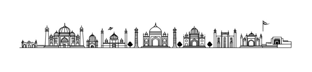 Delhi Cityscape featuring Historic Buildings Isolated on White, Seamless Pattern with Outline