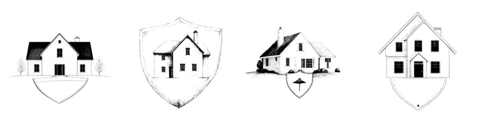Fototapeta premium A classic hand-drawn illustration features a vintage house emblem on a shield in modern style