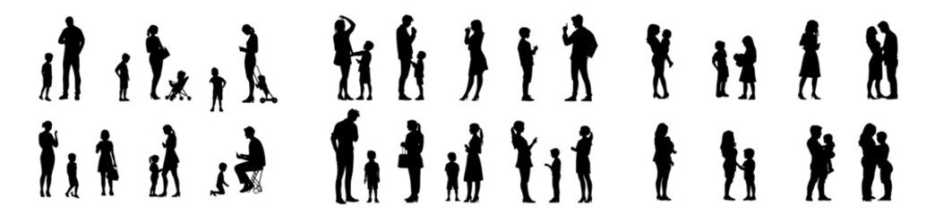 1. Modern silhouette of a mother playing with a child on a white background