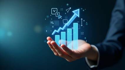 Hand presenting holographic revenue growth tools for profit and loss with empty space background concept as A hand showcasing holographic tools to track and project revenue growth integrating growth m