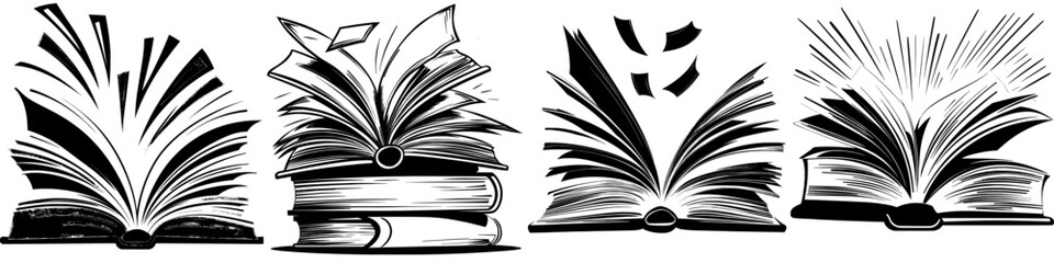 Icon of an open story book with a line design, featuring an outline of a hand-drawn vintage paper school notebook with turning pages in a side view, symbolizing reading literature and academic study