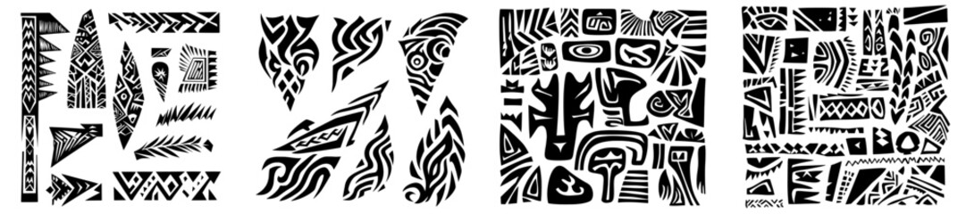 A tribal celtic or maori tattoo features a modern set of black corners or decorative borders in an ancient folk style characterized by curves or swirls