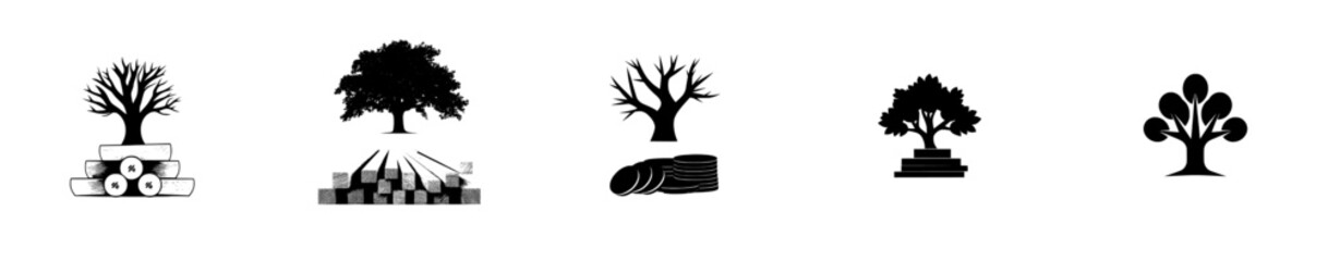 A modern illustration of a stack of wood logs and a silhouette of trees, isolated on a white background © Andrei