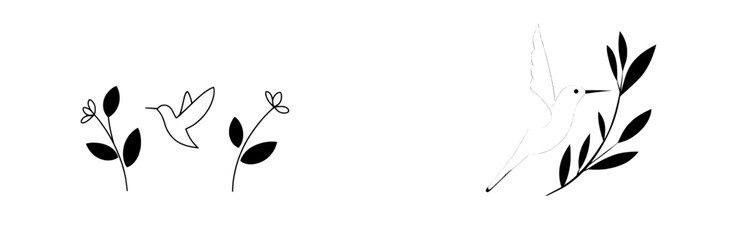 A hummingbird bird depicted in a modern style with a sleek black line drawing and a one-line outline against a white background