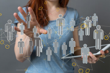 holding 3D rendering group of blue people - connection