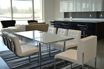 Fototapeta premium Modern Dining Area with Sleek Furniture and Bright Natural Light in Contemporary Open Space Design