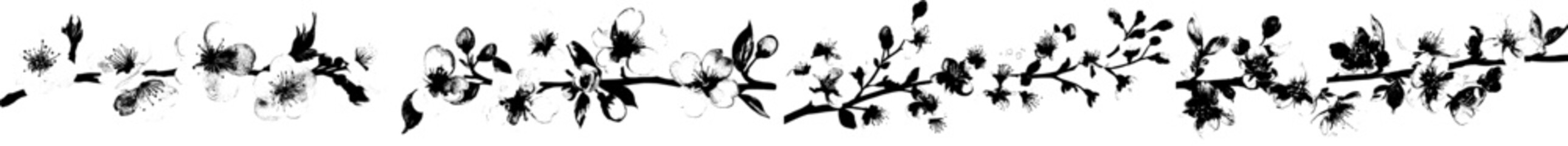 Watercolor sakura branches, a set of Chinese cherry blossom branches adorned with pink flower petals, depicting Japanese spring bloom trees through hand-drawn paint art in a modern illustration style