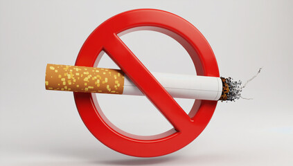 "No Smoking Zone: A vividly lit, highly detailed image showcases a cigarette with its ash, boldly crossed out by a red prohibition sign, underscoring the vital concept of a smoke-free area.
