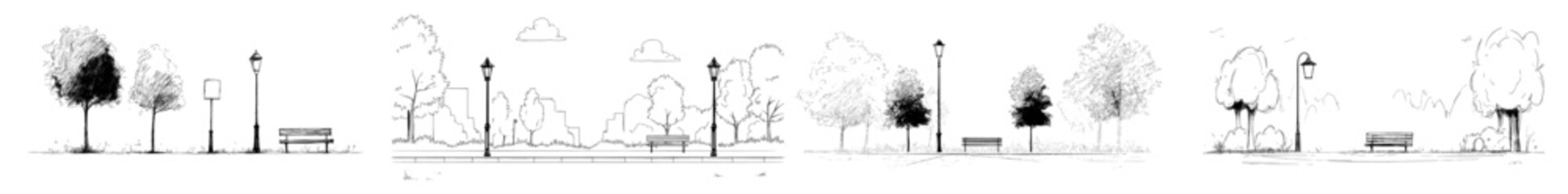 1. A park scene with trees, a bench, and a street lamp depicted in black outline style