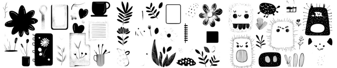 This collection includes cute hand-drawn labels with frames, numbers, calendar elements, and various modern decorative elements in a range of colors