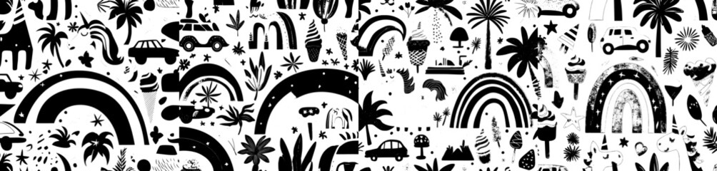 Vibrant rainbow-inspired objects in a retro vintage hippie style, featuring happy flowers and a seamless pattern, create a modern repeat print design