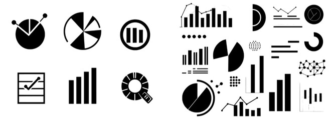 Monochrome spot illustrations of isolated clip arts, comprising pie charts and graphs, are available for data analysis and analytics reports