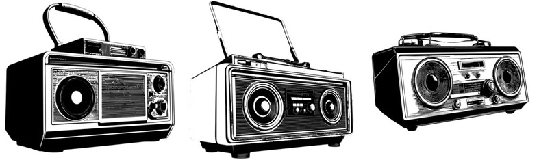 The combination of a trendy halftone stipple element with a photocopy effect, a retro musical receiver, and a vintage radio station with antenna, is complemented by a grunge punk dotted sticker ideal