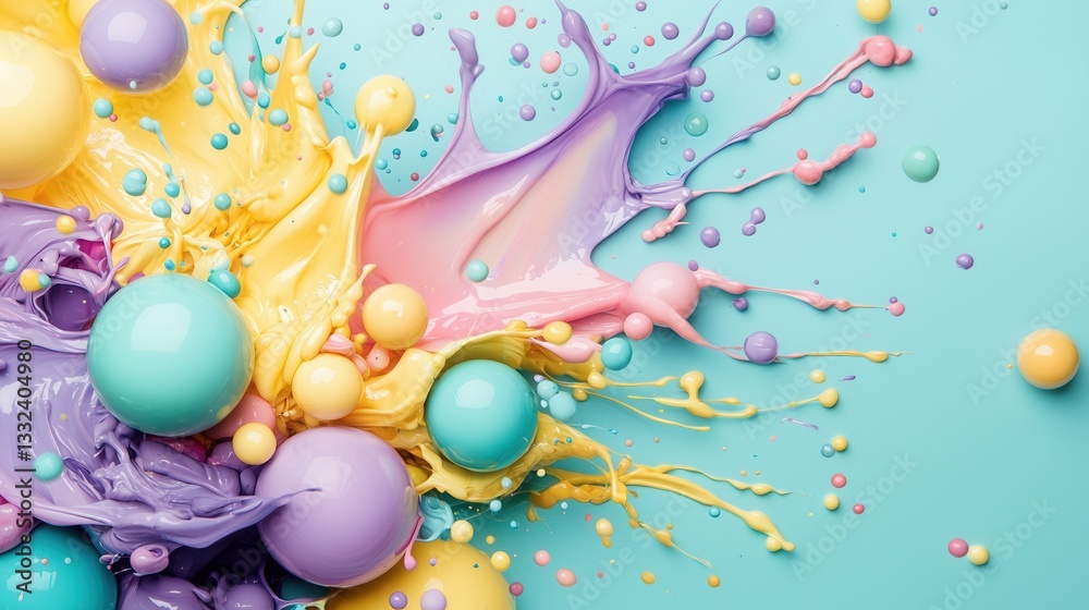 Poster a dynamic visually captivating image featuring vibrant iridescent spheres and flowing liquid element