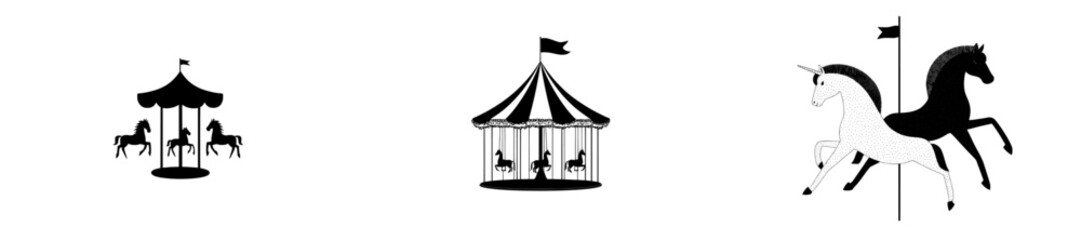 Modern art featuring a vintage carousel logo with ornate horses and a striped canopy