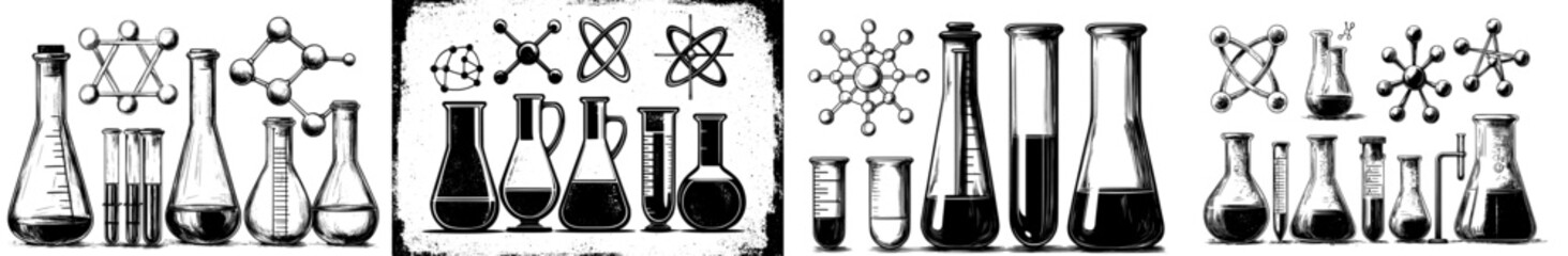 Laboratory equipment featuring a retro halftone photocopy aesthetic, stipple effect, including a flask, beaker, and a rack of test tubes © Andrei