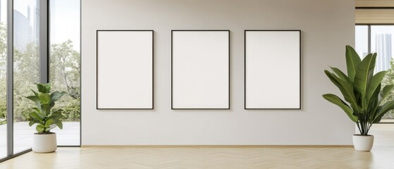 Modern art gallery interior with empty frames and greenery offering a minimalist aesthetic for creative inspiration and design