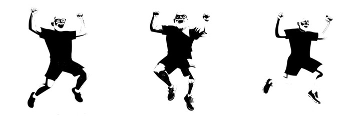 A joyful teenager is depicted in a dynamic pose, jumping up in the air with fists and arms outstretched, conveying a sense of excitement and happiness in a modern flat illustration set against a