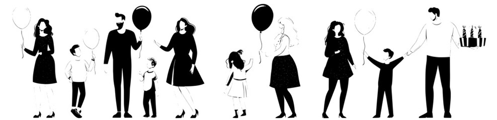 Families with children, filled with joy, are depicted holding balloons, set against a clean backdrop, with mothers and fathers walking together, carrying festive holiday helium balloons in their