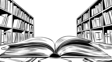 The illustration features a modern collection of simple book icons, including library mascots, open and closed paper books, and a bookshelf stack, all presented in a line icon style with hand-drawn © Andrei