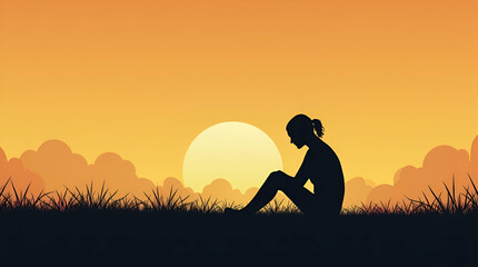 Lonely Woman Silhouette in Grass: A Simple Vector Illustration Capturing the Overwhelming Feelings of Isolation and Disconnection in a Business Context