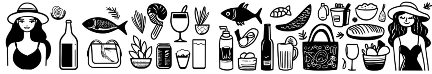 Italian amalfi summer vacation with lemons doodle style illustration set features modern ink hand drawn Italy coast sea or beach elements for various occasions © Andrei